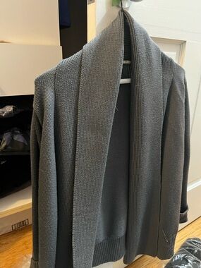 NFP Women’s Shawl Collar Open-Front Cardigan - Gray with brown undertones.